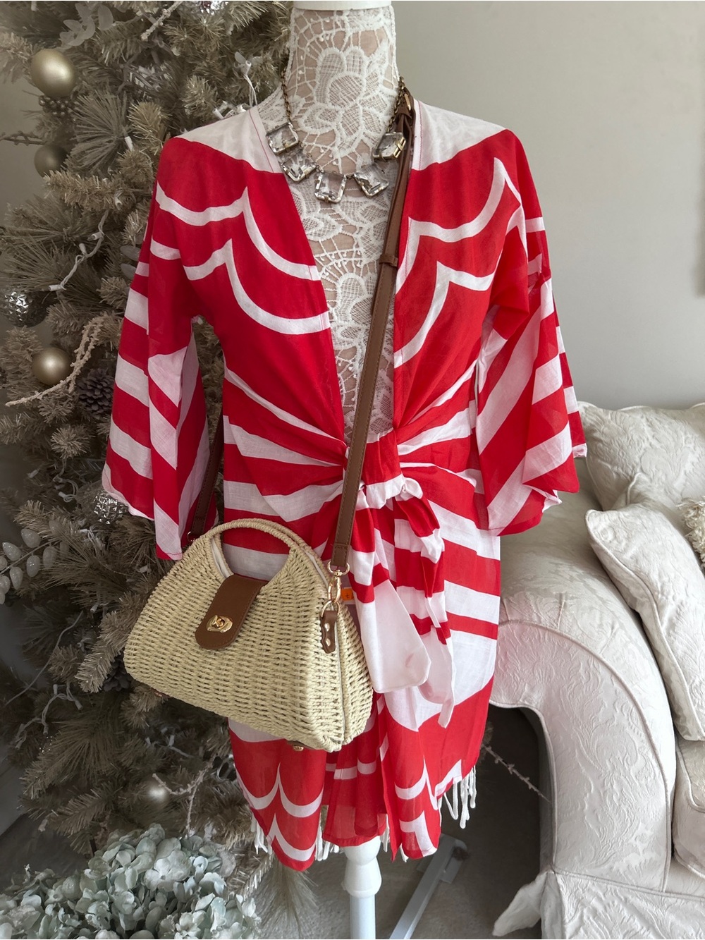New! Red & White Striped Tie-Waist  swim Cover-Up by True Destinations